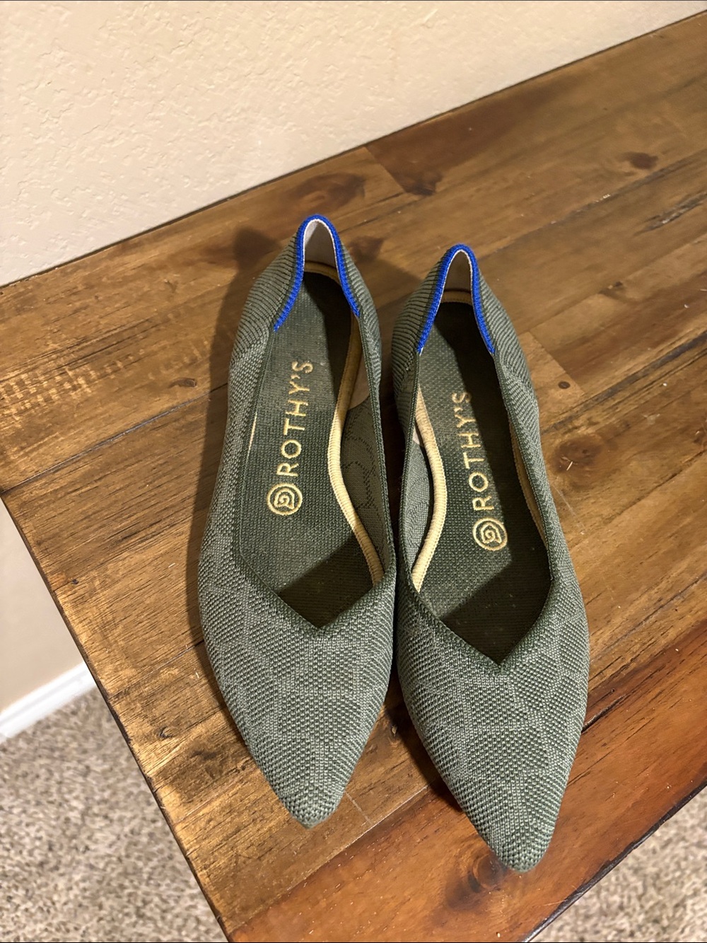 Rothy's Pointed Knit Flats in Olive with Blue Trim